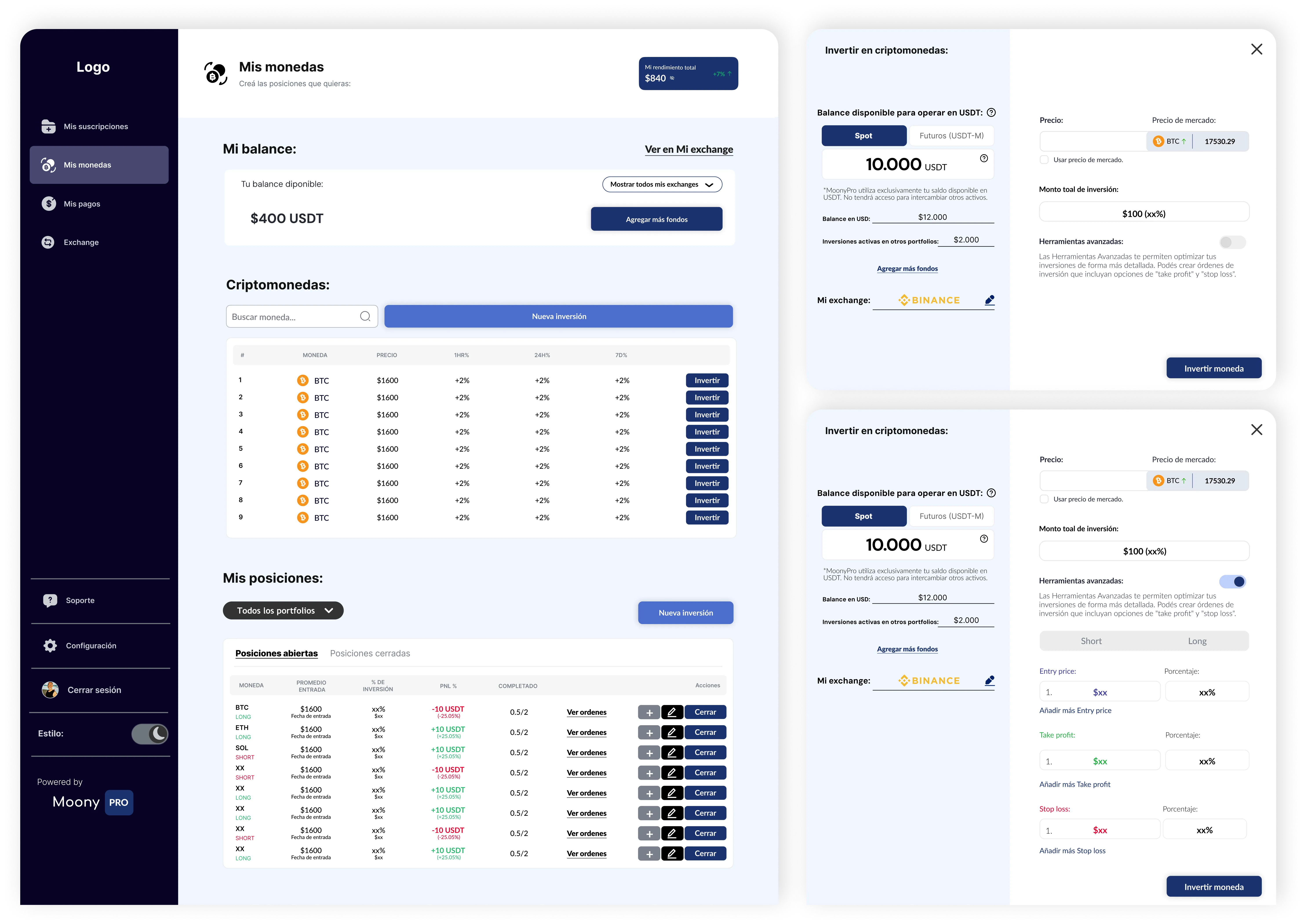 Interfaz de Moony Pro mostrando la sección Mis Monedas y funcionalidad de inversión